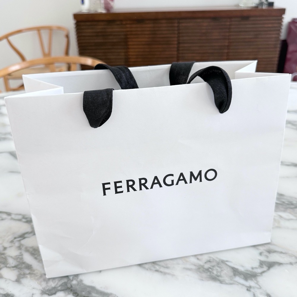 Ferragamo White Paper Shopping Bag Black Ribbon Handles Small Gift Bag